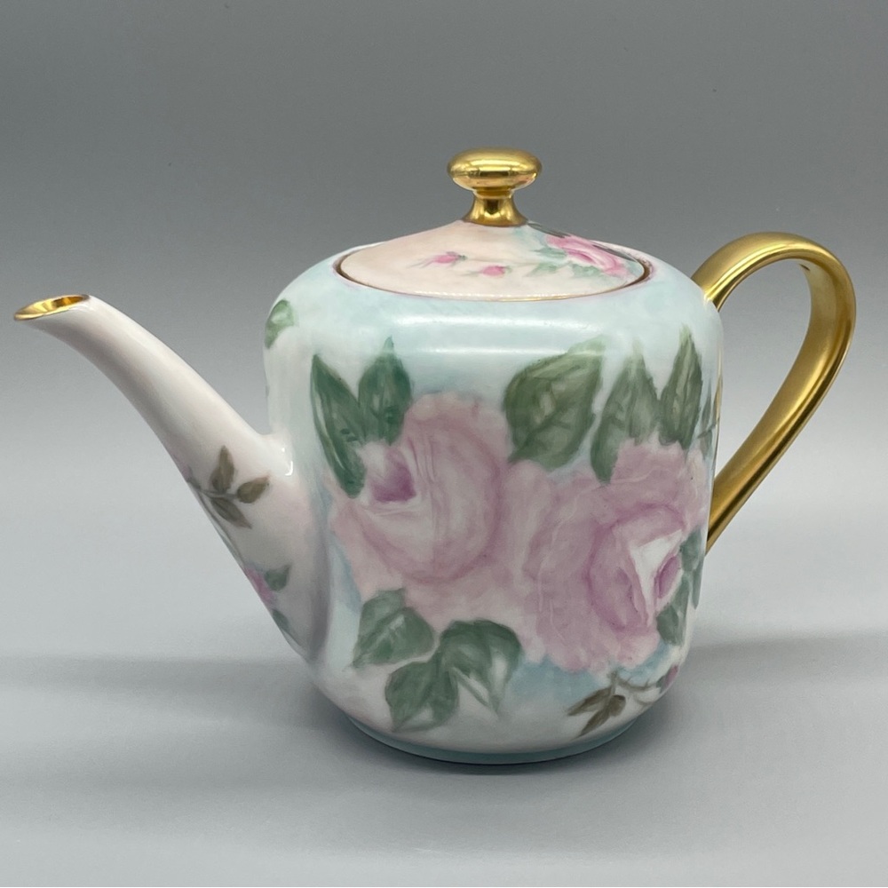Arzberg Germany Pink Rose 1950s Porcelain Teapot with Gold Accents